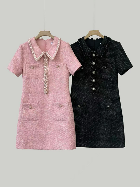 Short Sleeved Tweed Dress *2 Colors