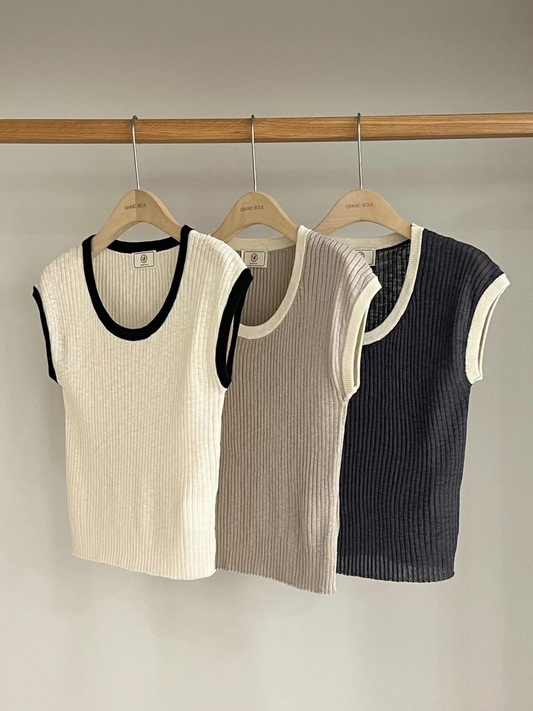 Scoop Neck Ribbed Knit Sleeveless Top *3 Colors