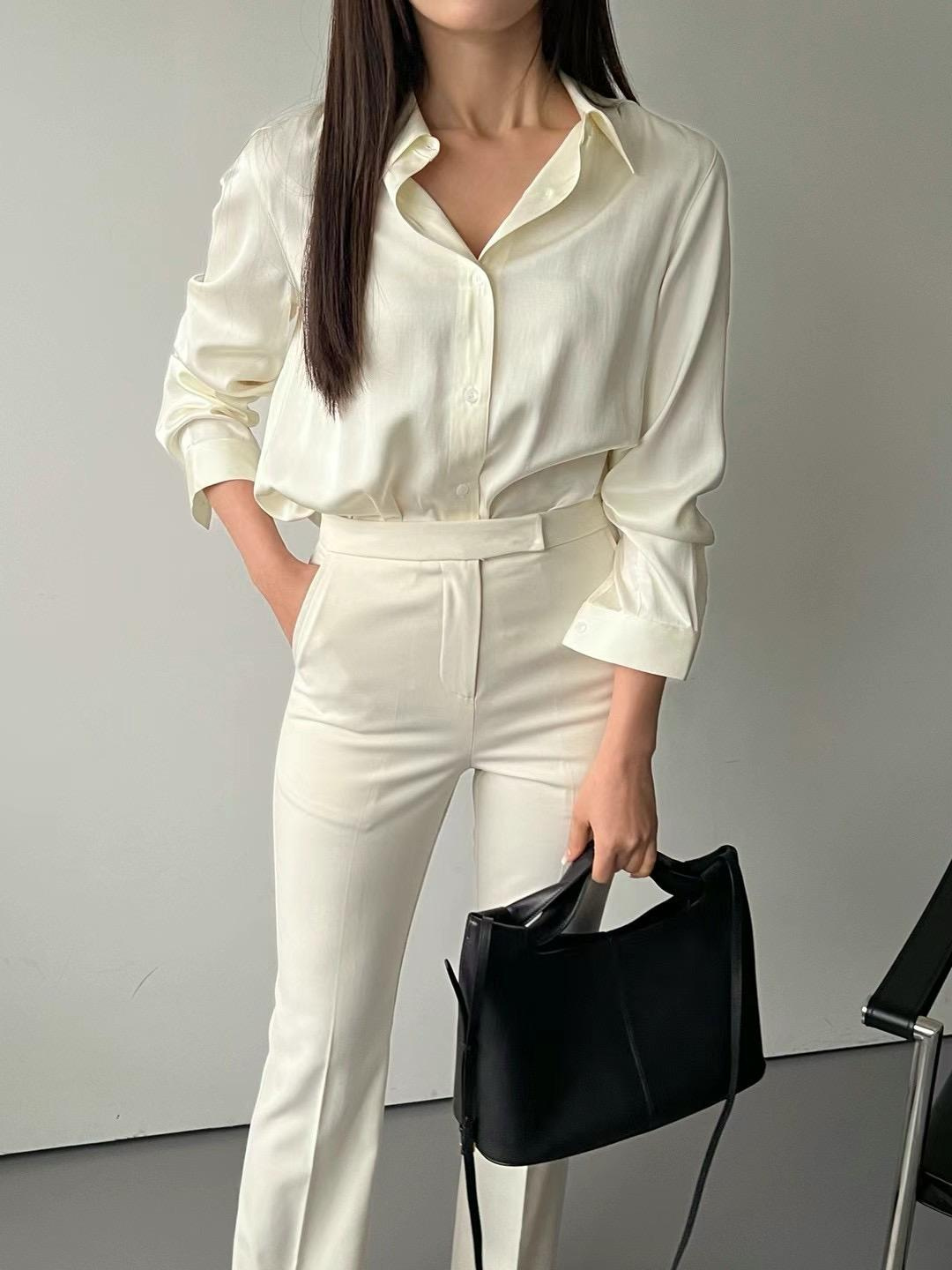 Button-up Collared Long Sleeved Satin Blouse *2 Colors