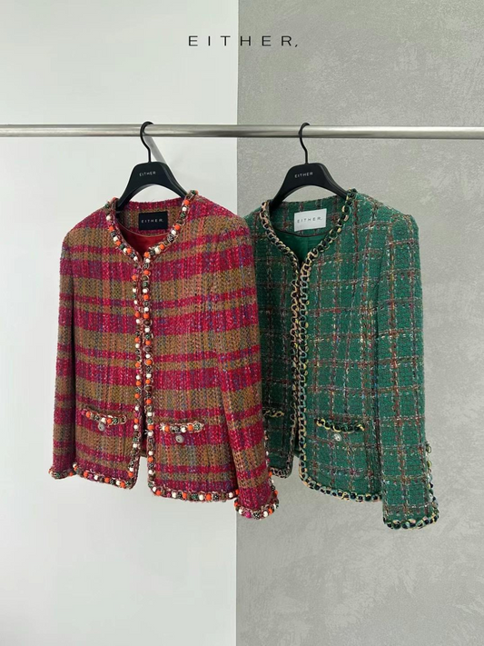 Beaded Trim Wool Blend Plaid Jacket *2 Colors