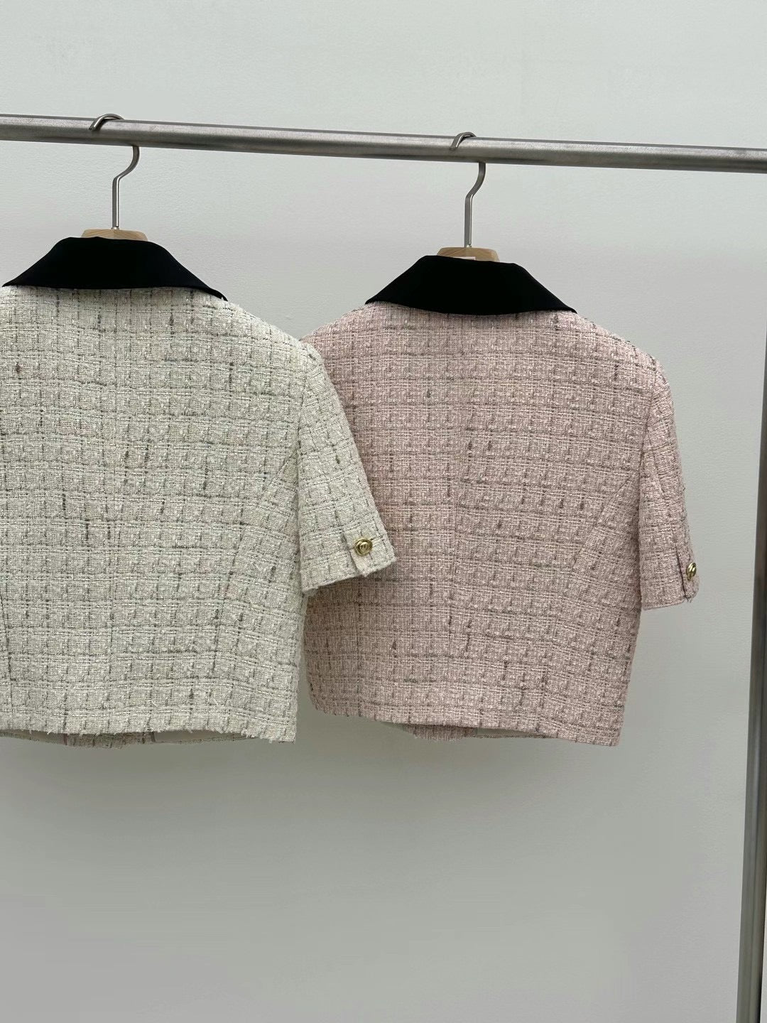 Short Sleeved Collar Tweed Jacket * Pink / Beige