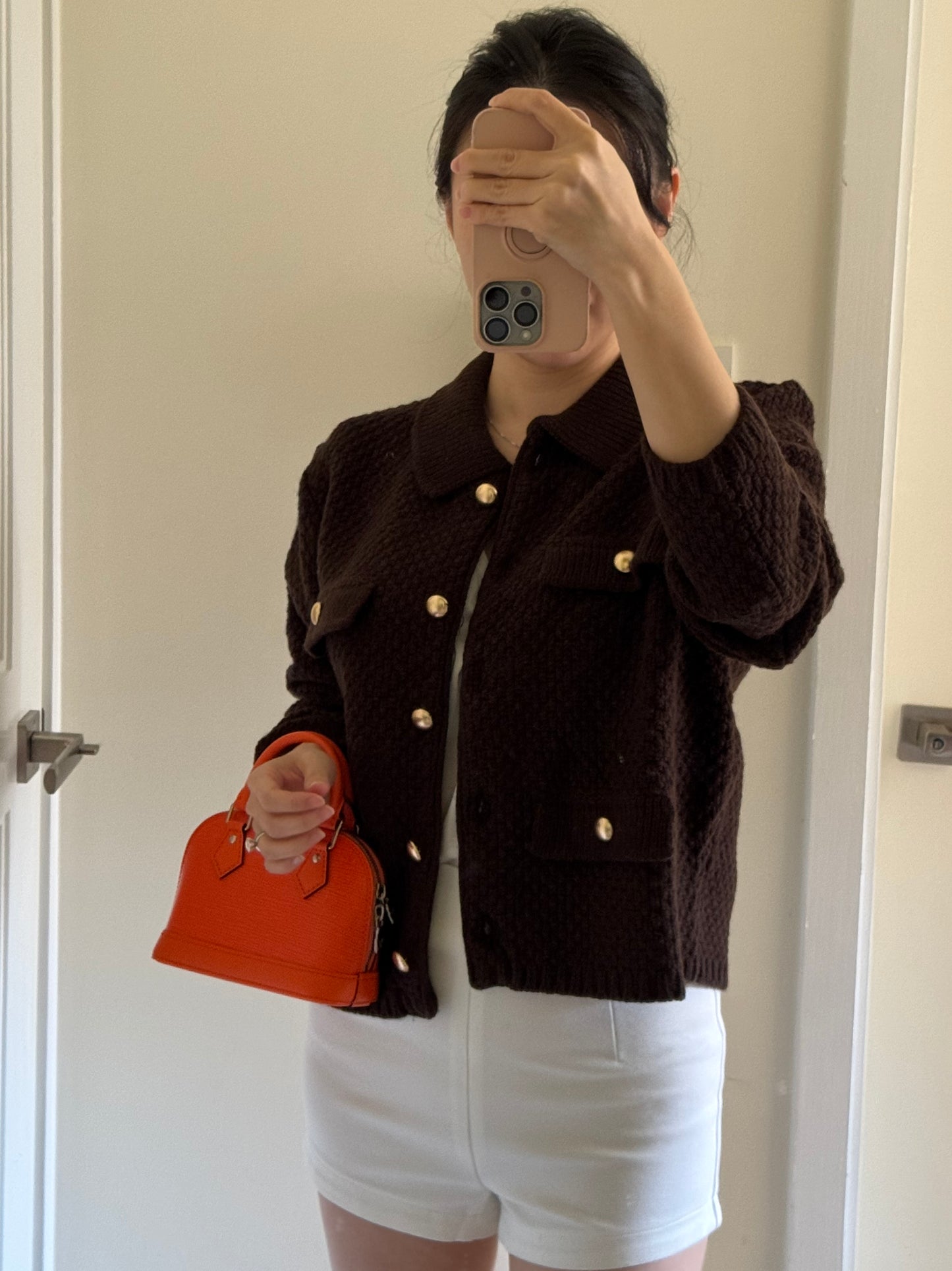 Dark Brown Waffle Knit Cardigan 深咖啡金扣針織外套