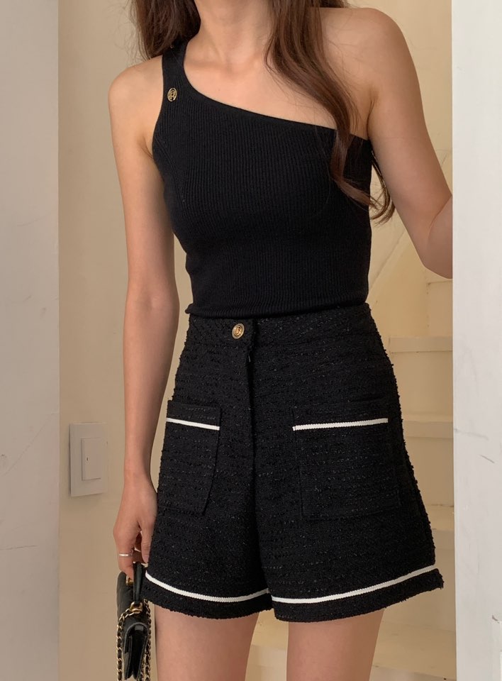 One Shoulder Ribbed Knit Top Tweed Shorts Set *3 Colors