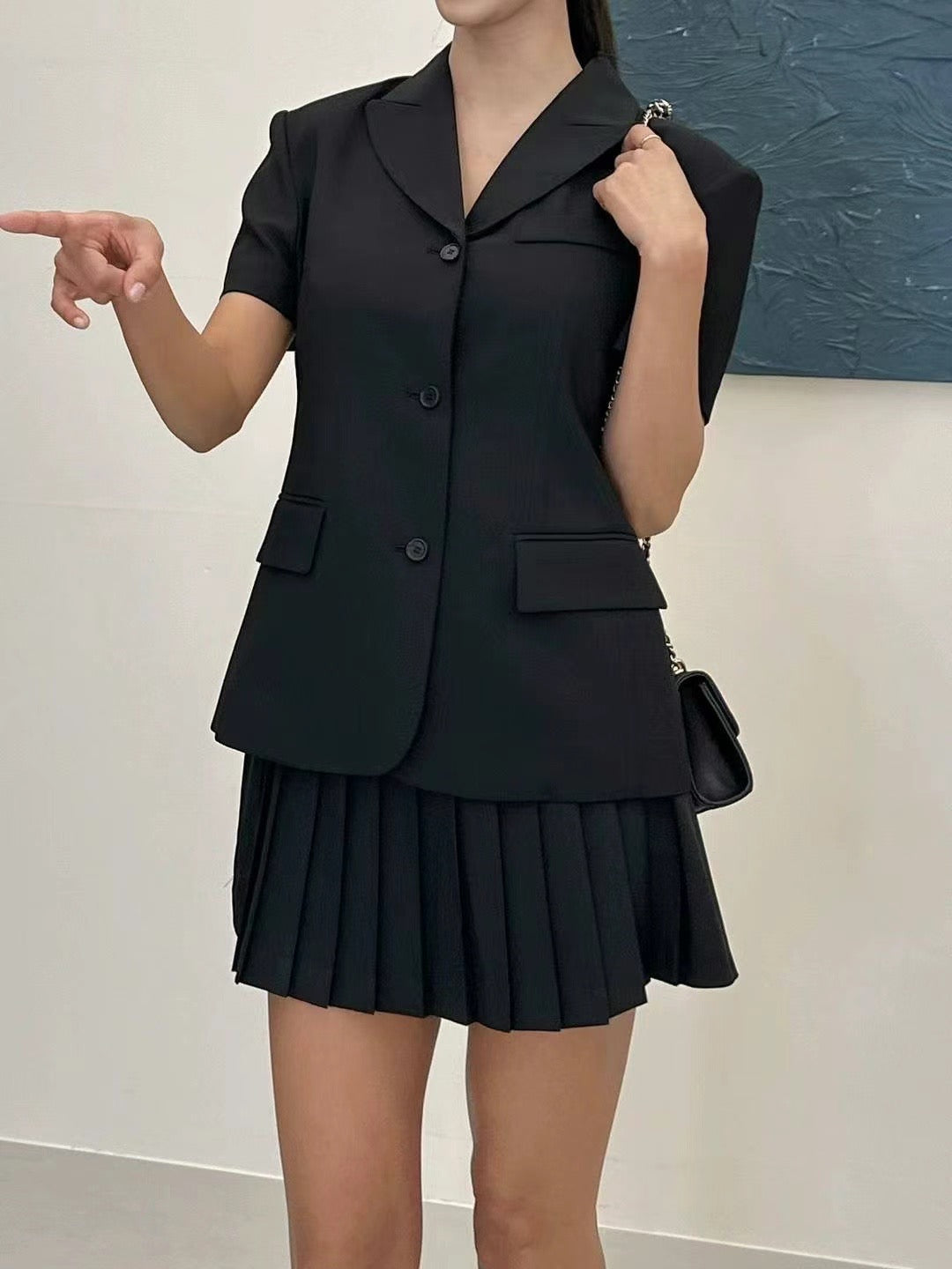 Collar Crepe Blazer Pleated Skirt Set