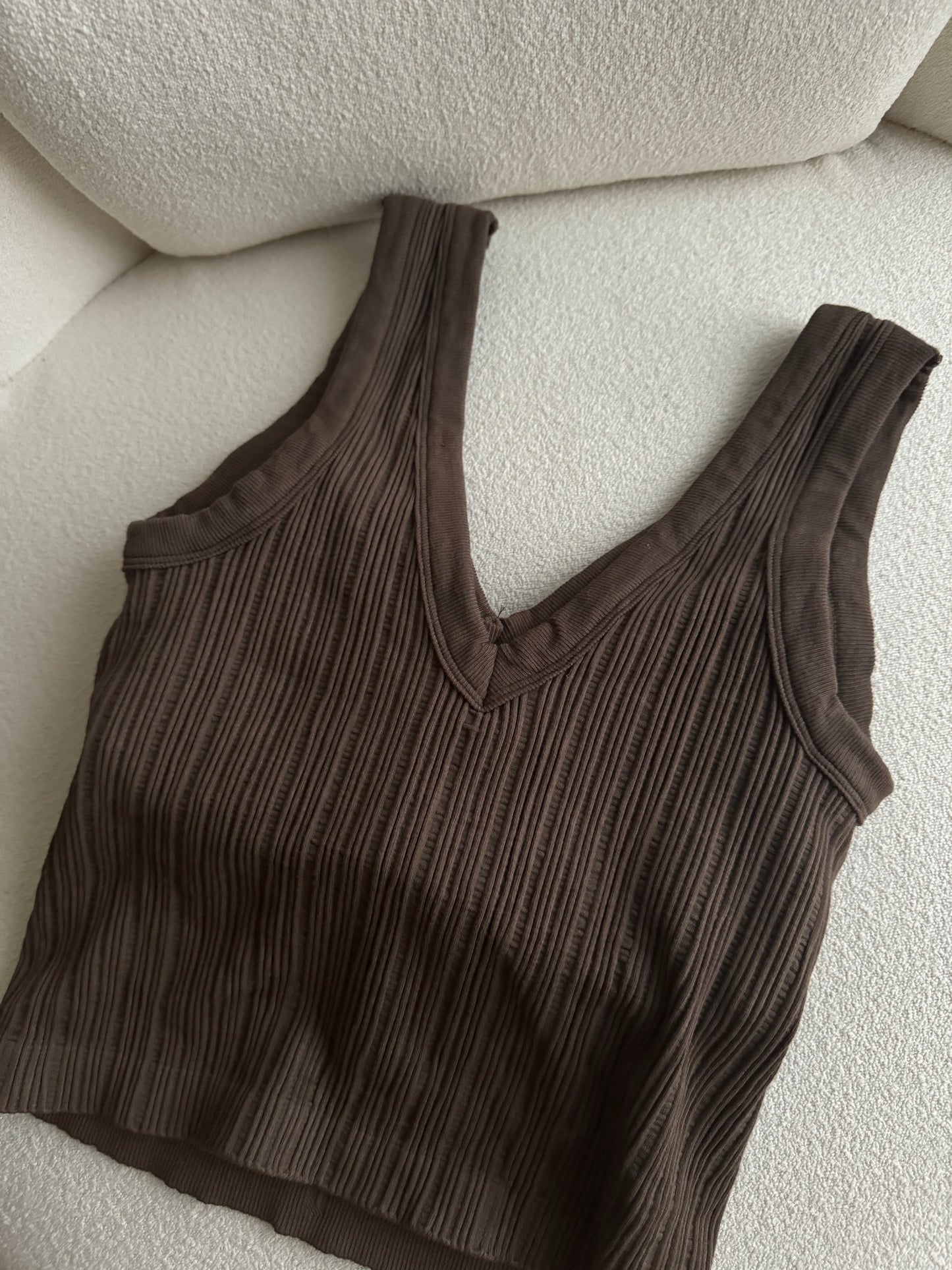 Brown V-Neck Ribbed Padded Bra Top