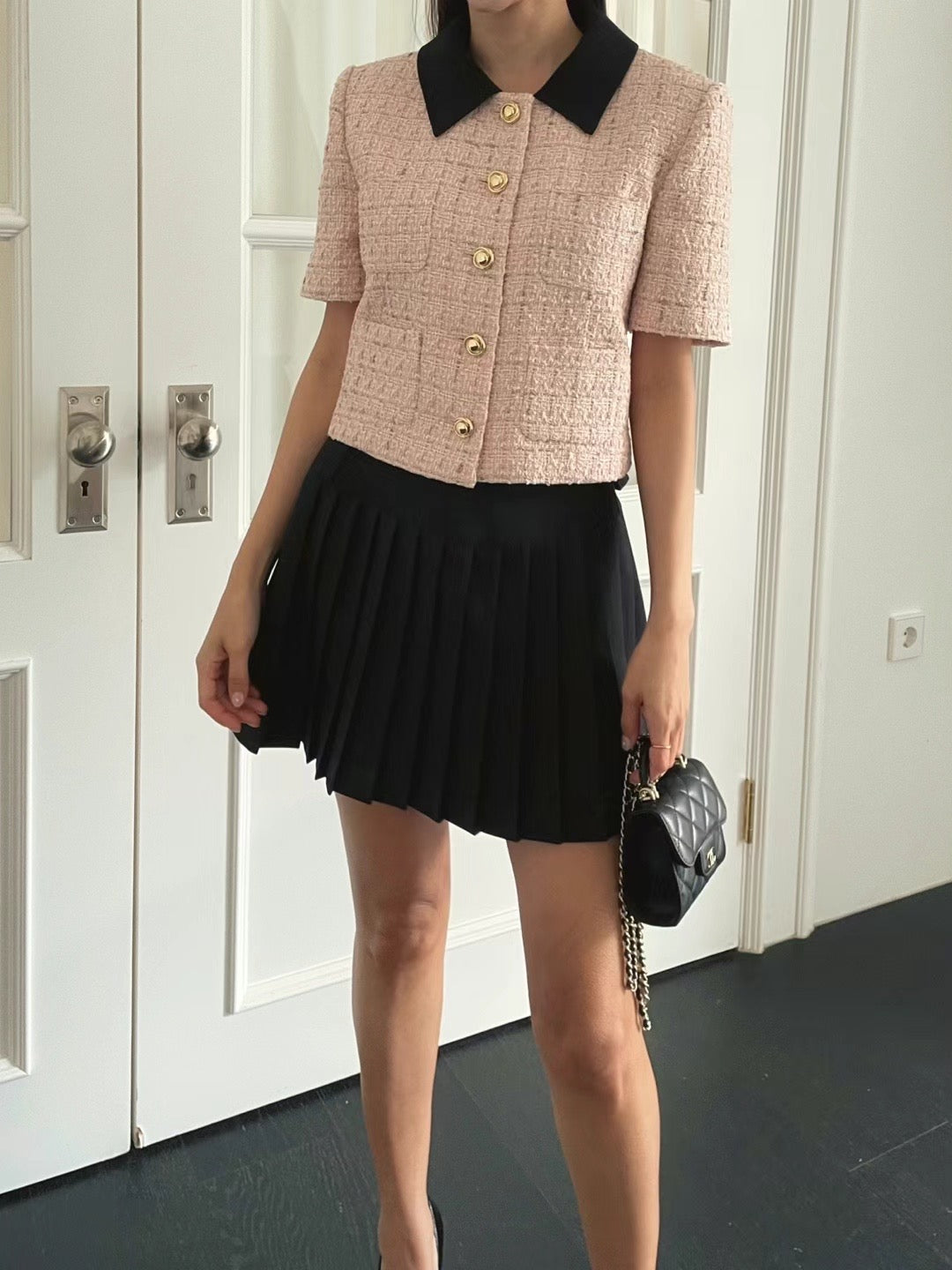 Short Sleeved Collar Tweed Jacket * Pink / Beige