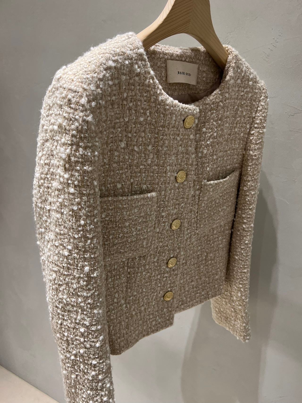 Classic Gold Round-Neck Buttoned Tweed Jacket