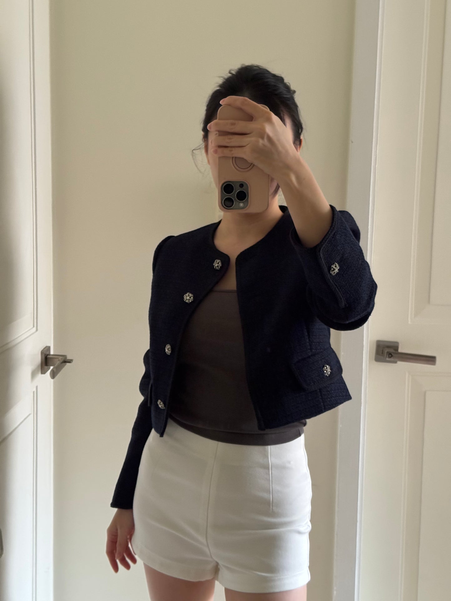 Navy Blue Tweed Boucle Blazer 深藍短身小香風外套