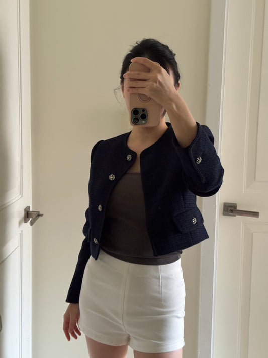 Navy Blue Tweed Boucle Blazer 深藍短身小香風外套
