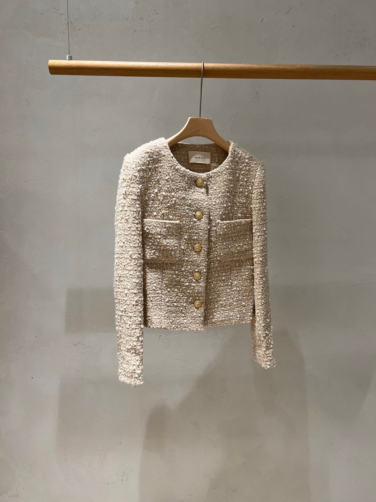 Classic Gold Round-Neck Buttoned Tweed Jacket