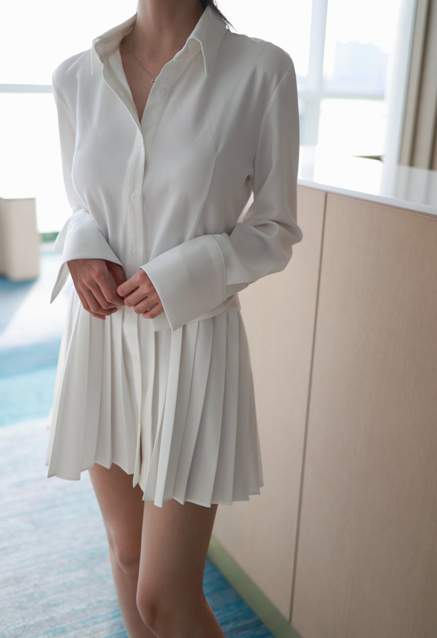 Pleated White Shirt Dress