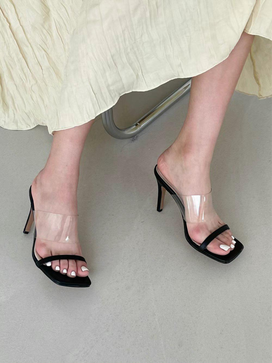 Square-toe Transparent Straps High Heel Sandals *3 Colors