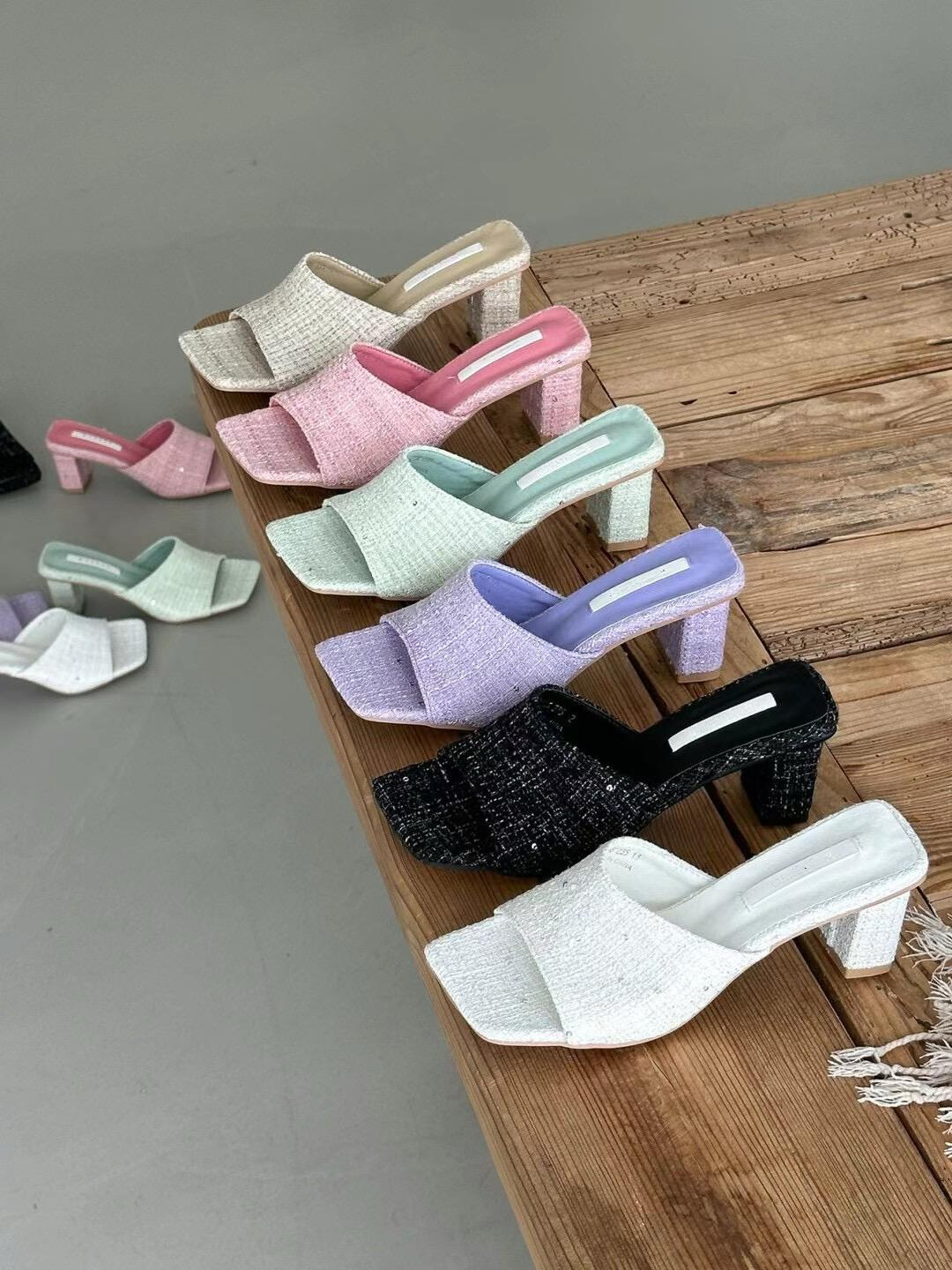 Square-toe Tweed Heeled Sandals *6 Colors