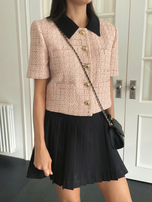 Short Sleeved Collar Tweed Jacket * Pink / Beige