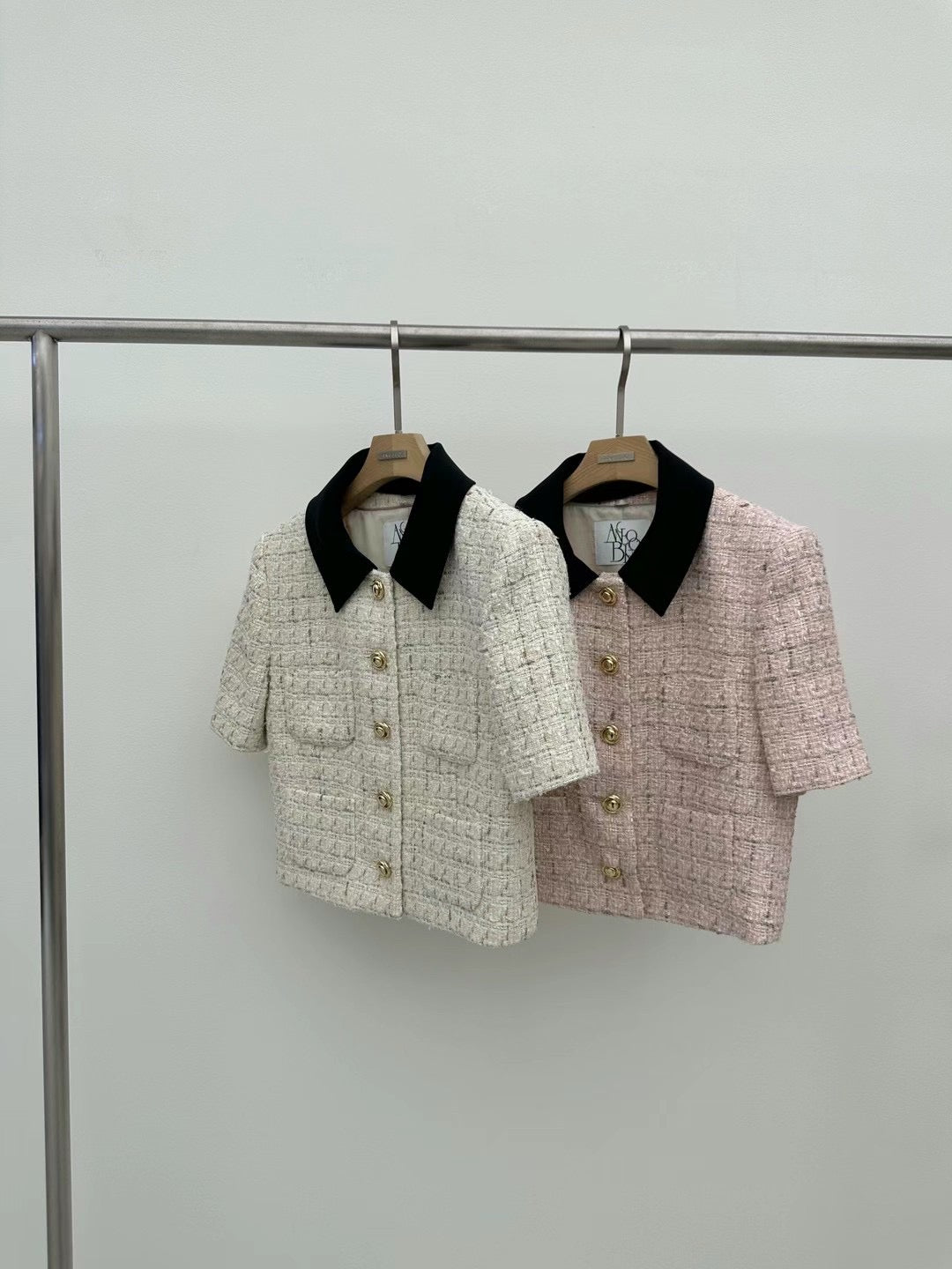 Short Sleeved Collar Tweed Jacket * Pink / Beige