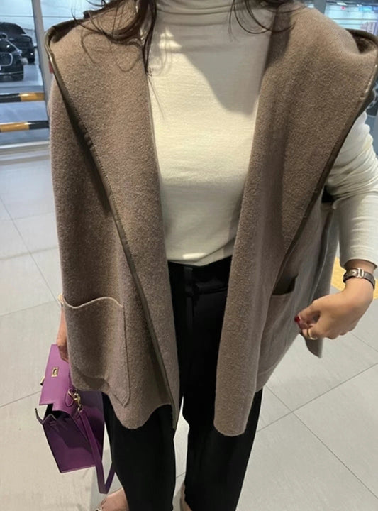 The Beiges Taupe Leather Trim Lapel Collar Cardigan
