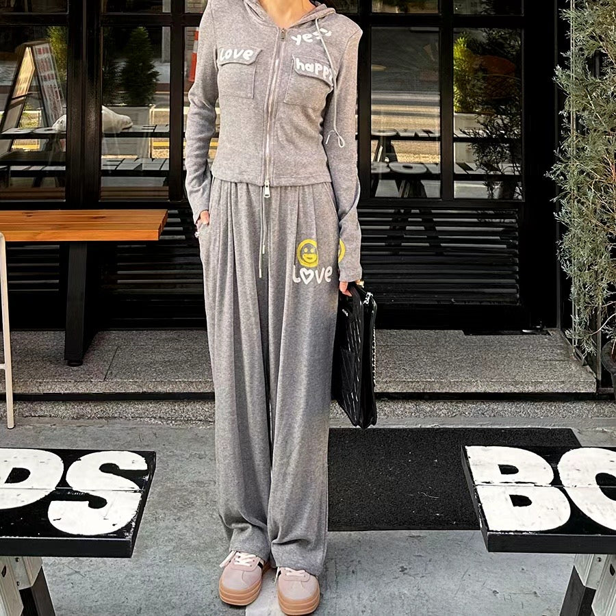 Grey Happy Zip Up Pants Set