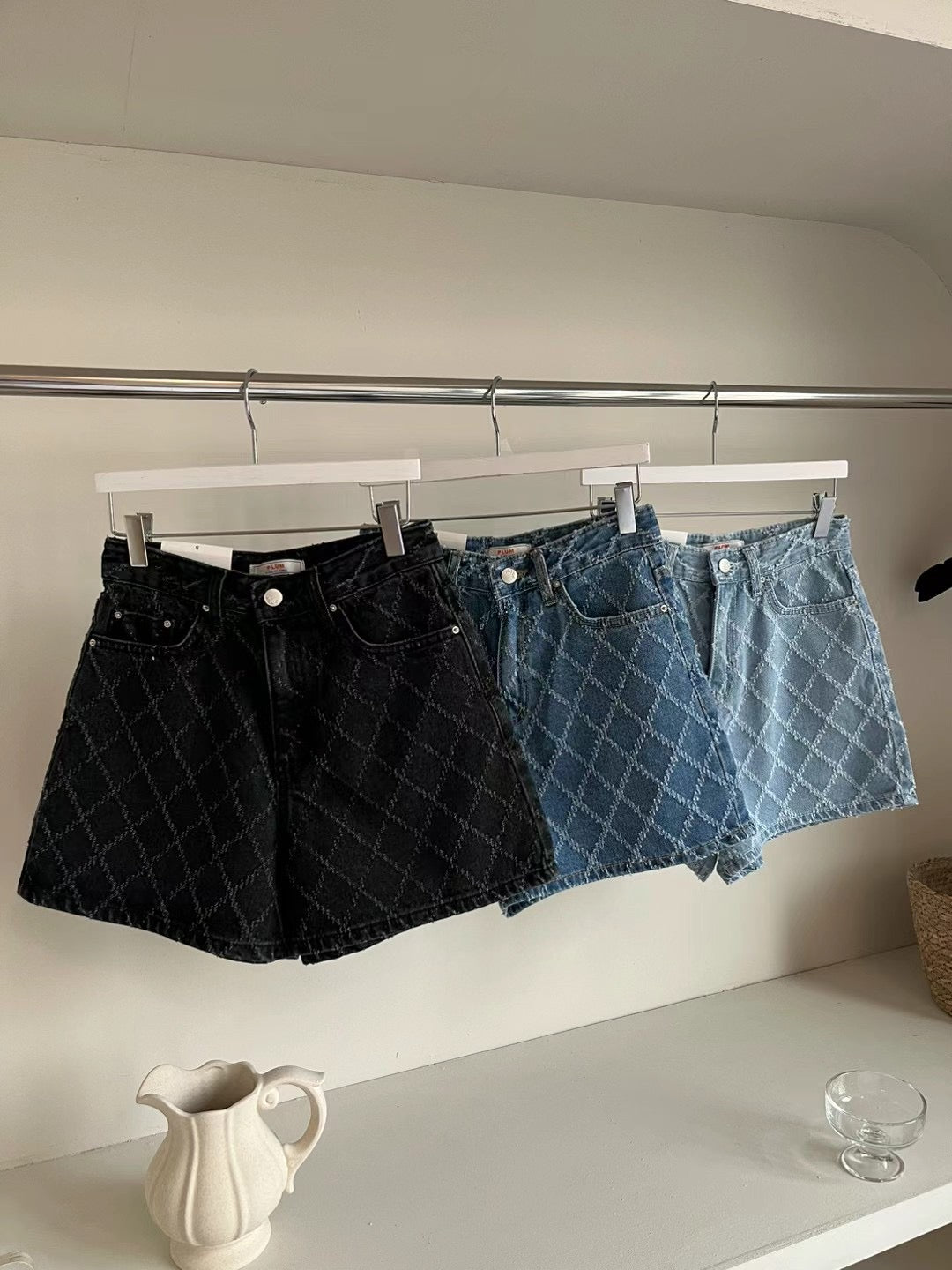 Argyle High Waist Denim Shorts