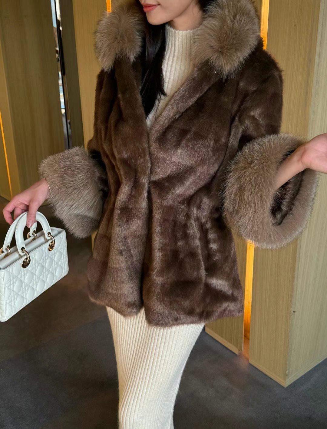 Premium Saga Fur Slim Coat Brown