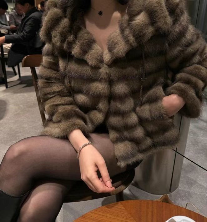 Premium Fur Hooded Jacket Brown