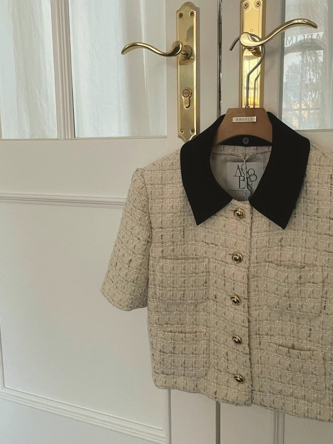 Short Sleeved Collar Tweed Jacket * Pink / Beige