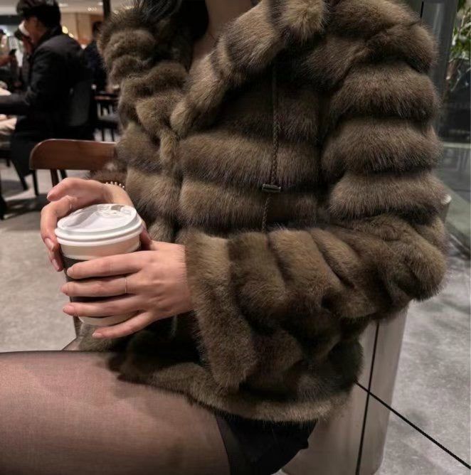 Premium Fur Hooded Jacket Brown