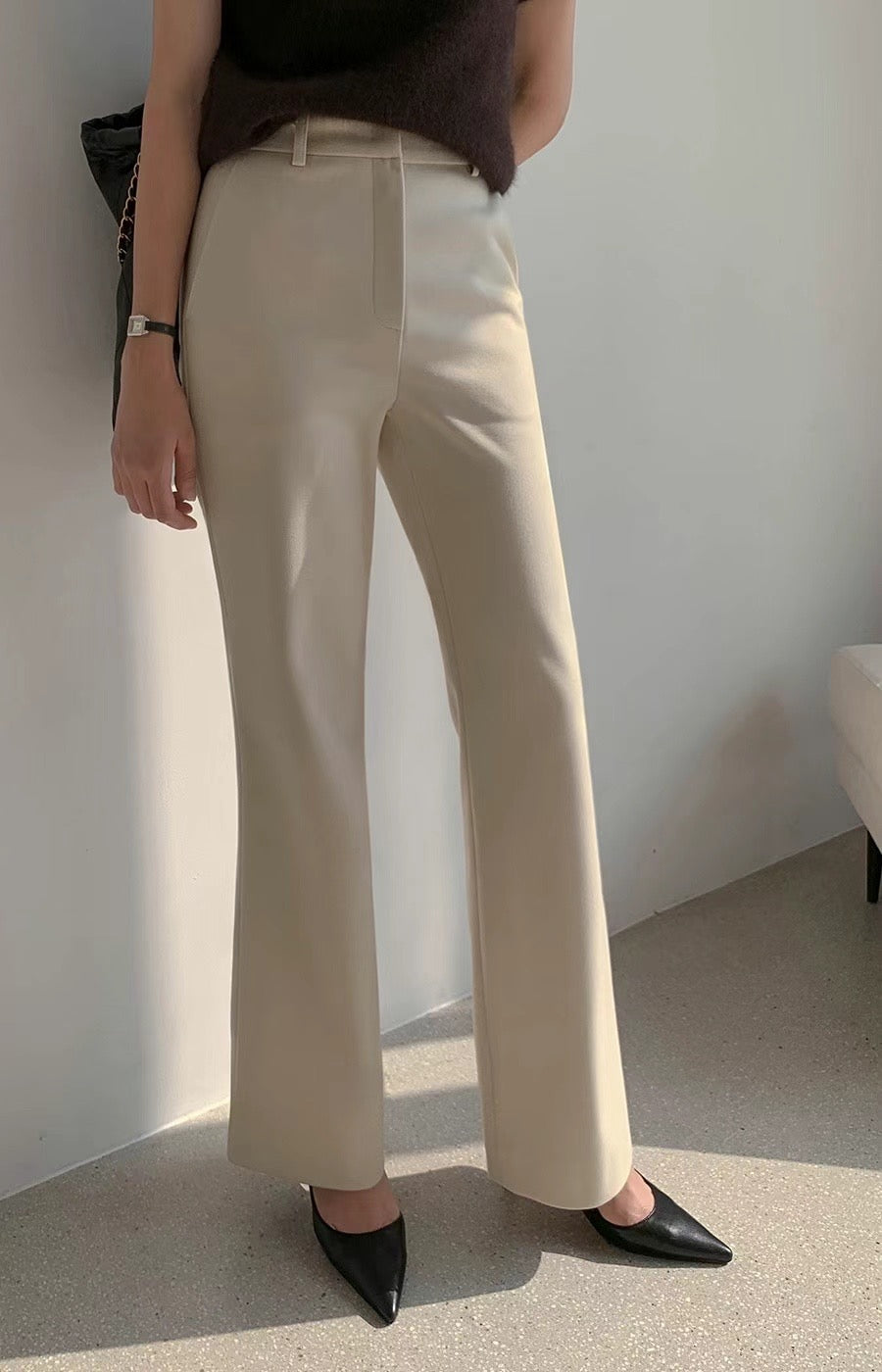 Slim Flared Leg Trousers Light Beige