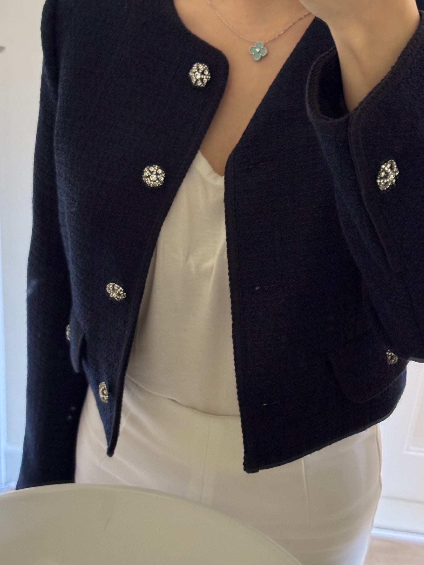 Navy Blue Tweed Boucle Blazer 深藍短身小香風外套