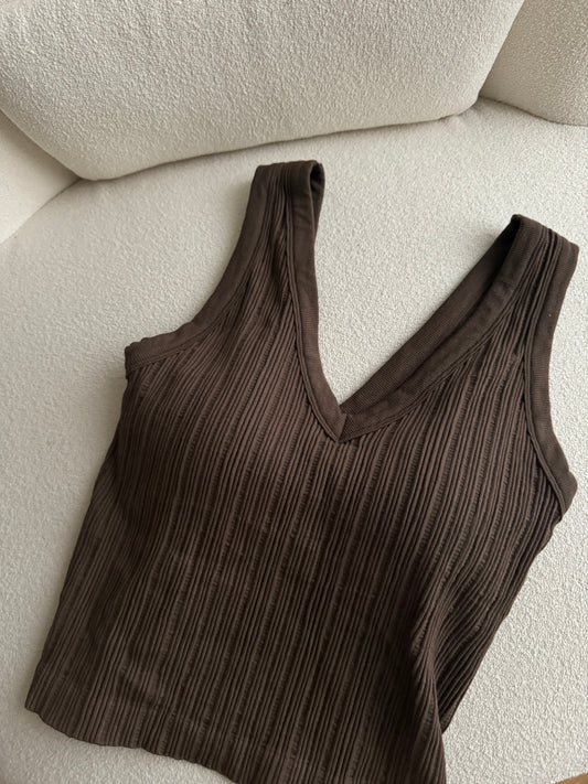 Brown V-Neck Ribbed Padded Bra Top