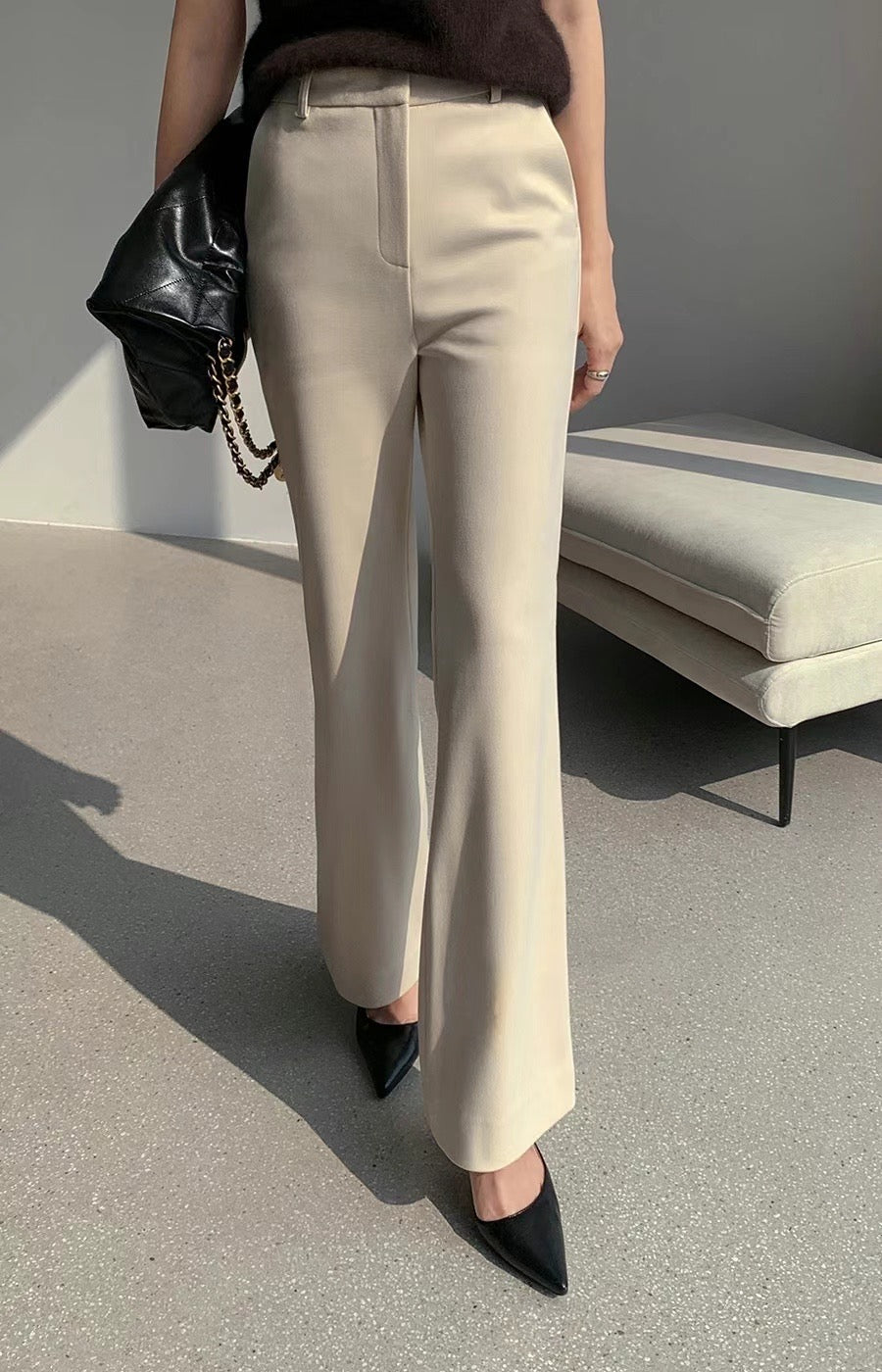 Slim Flared Leg Trousers Light Beige