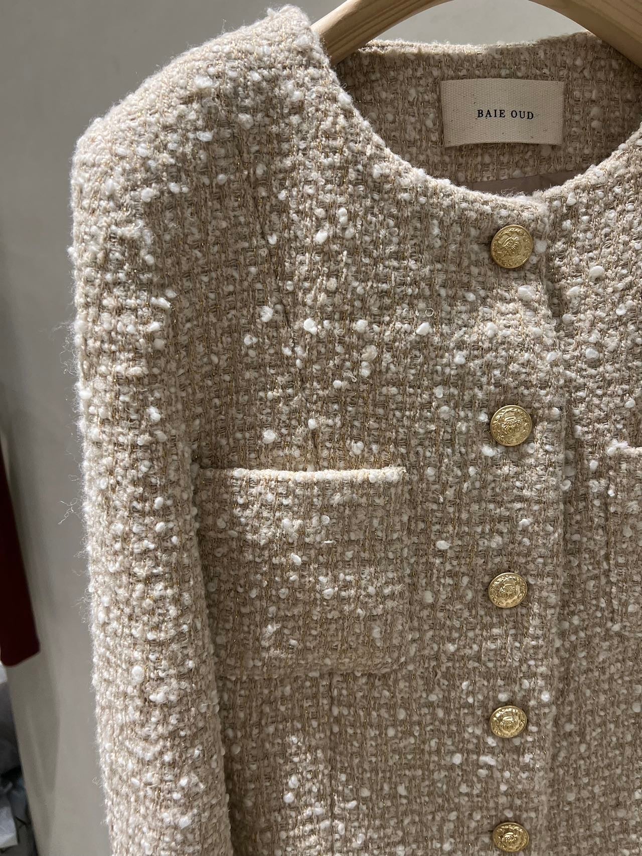 Classic Gold Round-Neck Buttoned Tweed Jacket