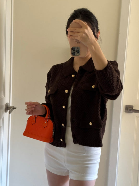 Dark Brown Waffle Knit Cardigan 深咖啡金扣針織外套