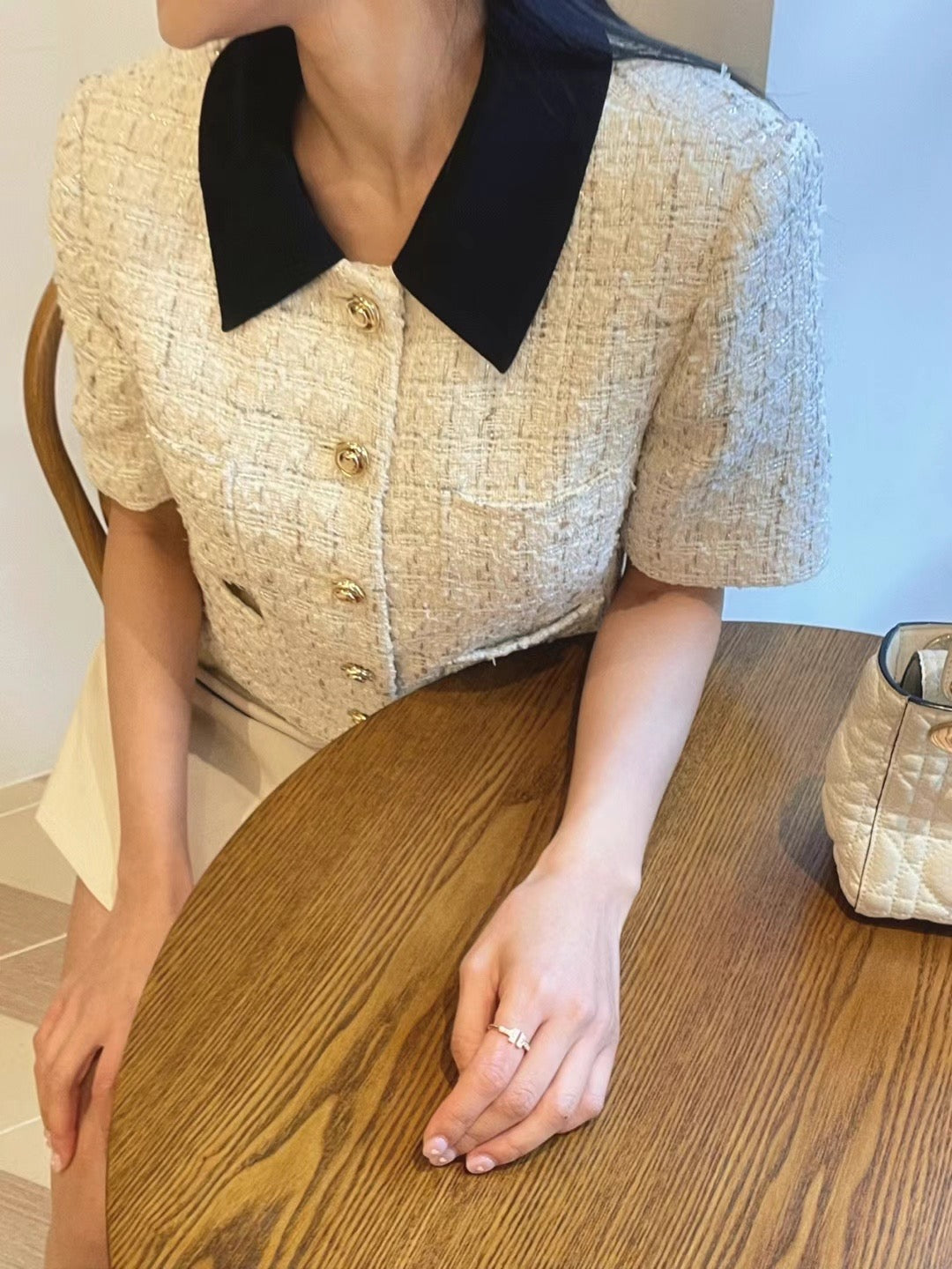 Short Sleeved Collar Tweed Jacket * Pink / Beige