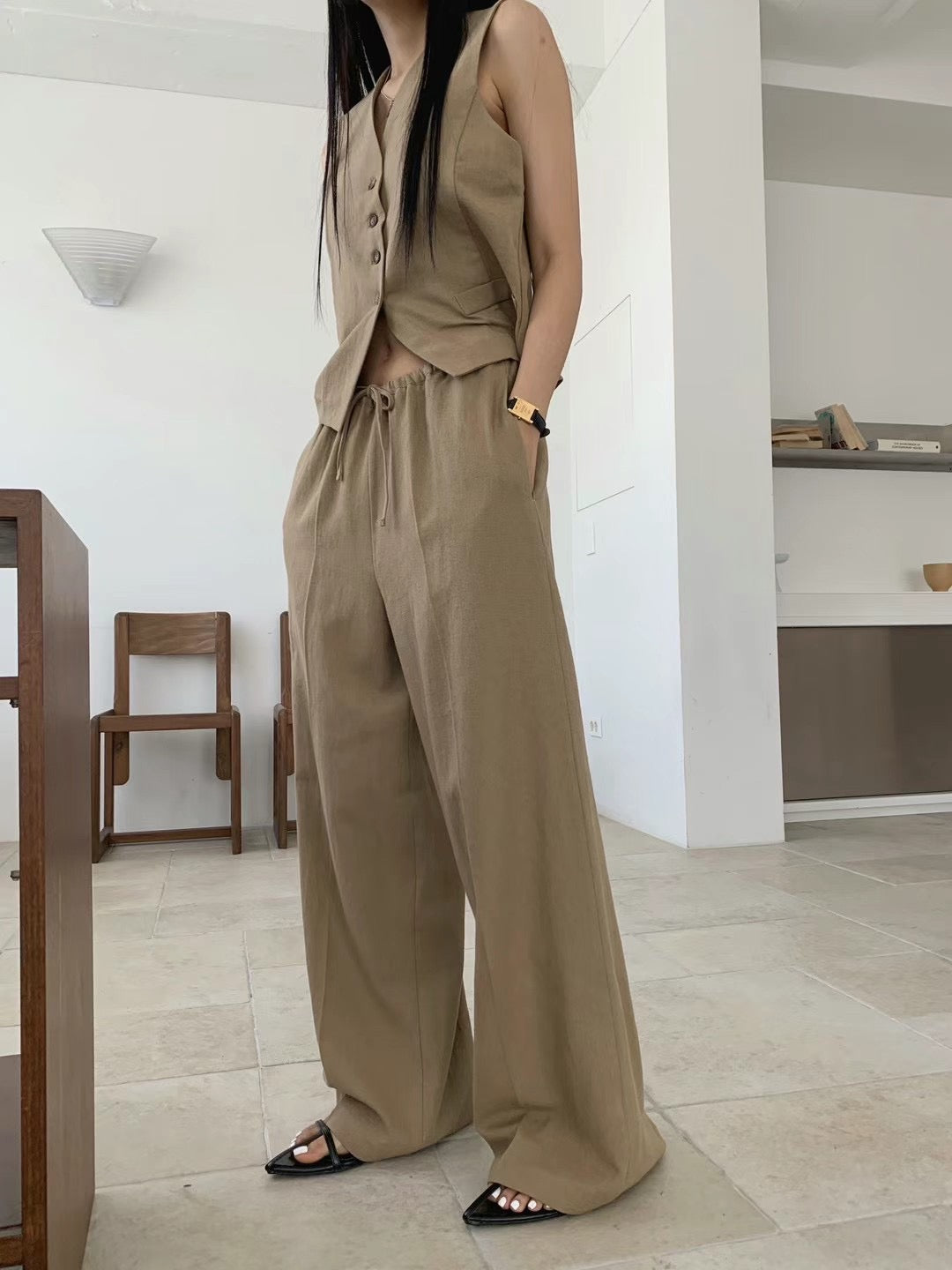 Linen V Neck Vest Pants Set