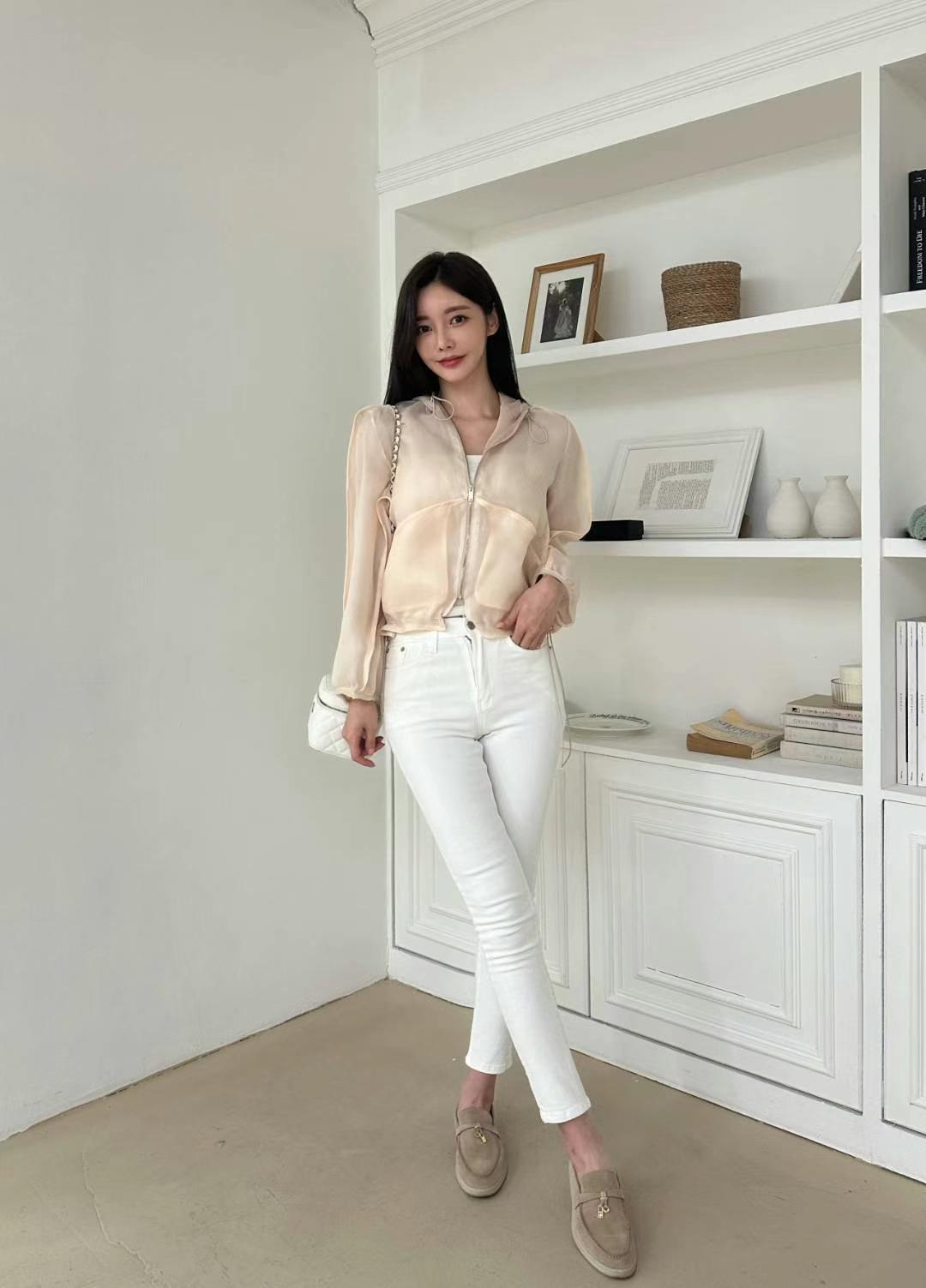 Beige Full-Zip Chiffon Jacket