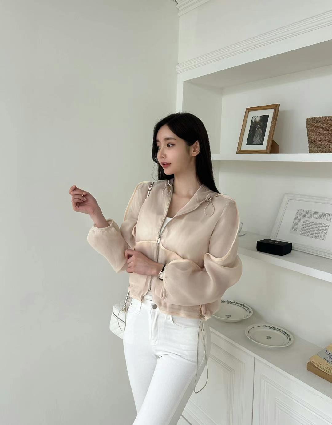 Beige Full-Zip Chiffon Jacket