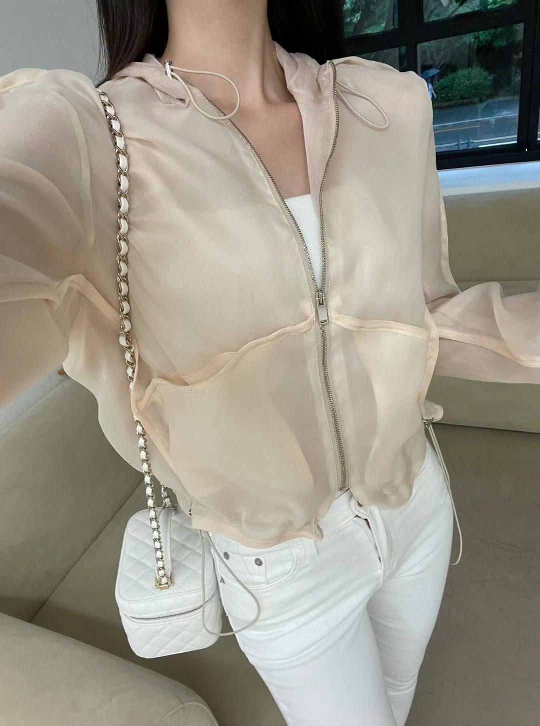 Beige Full-Zip Chiffon Jacket