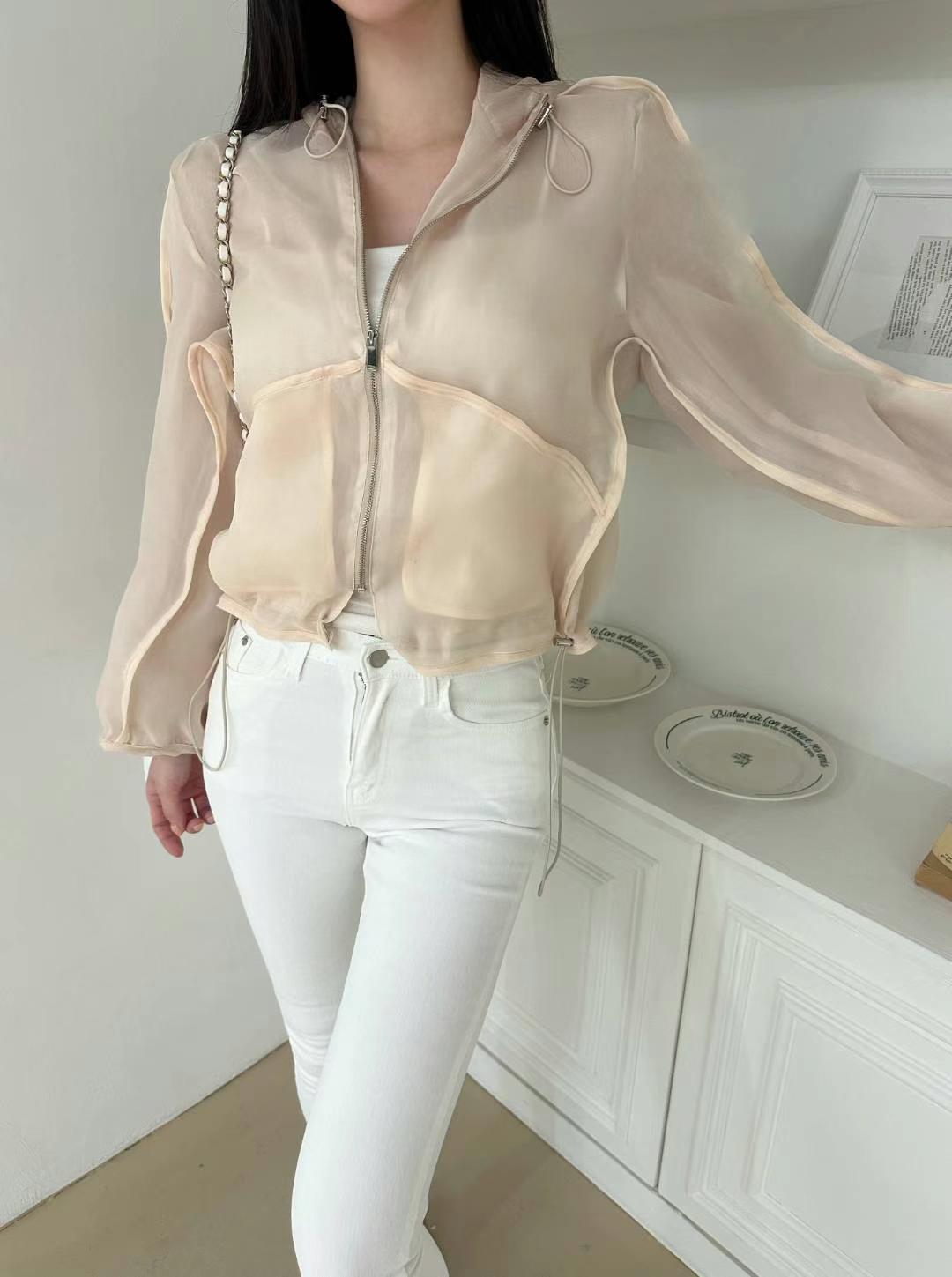 Beige Full-Zip Chiffon Jacket