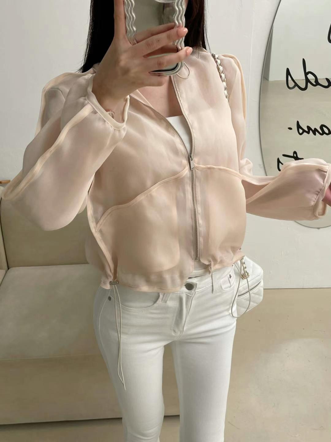 Beige Full-Zip Chiffon Jacket