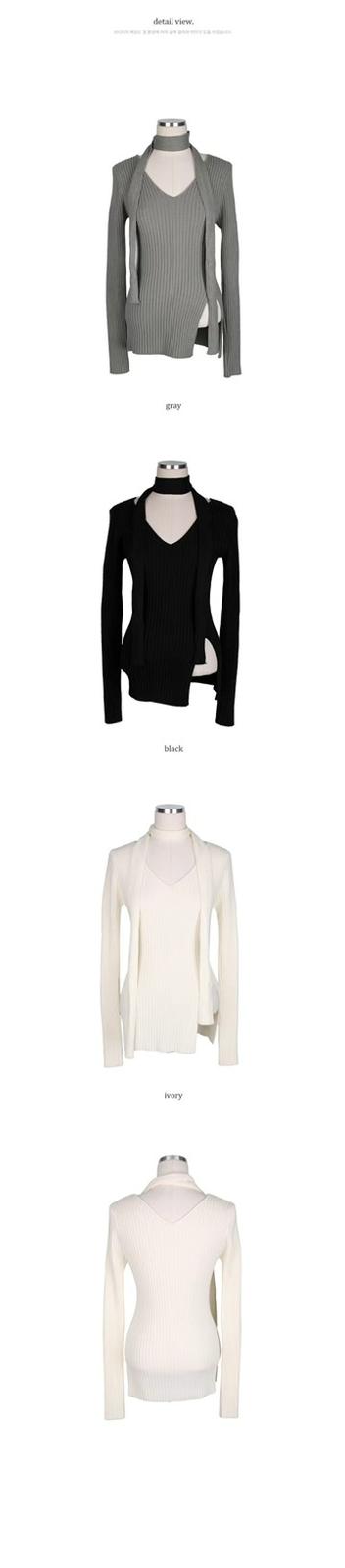 V-Neck Long Sleeve Knitted Top with Scarf *3 Colors