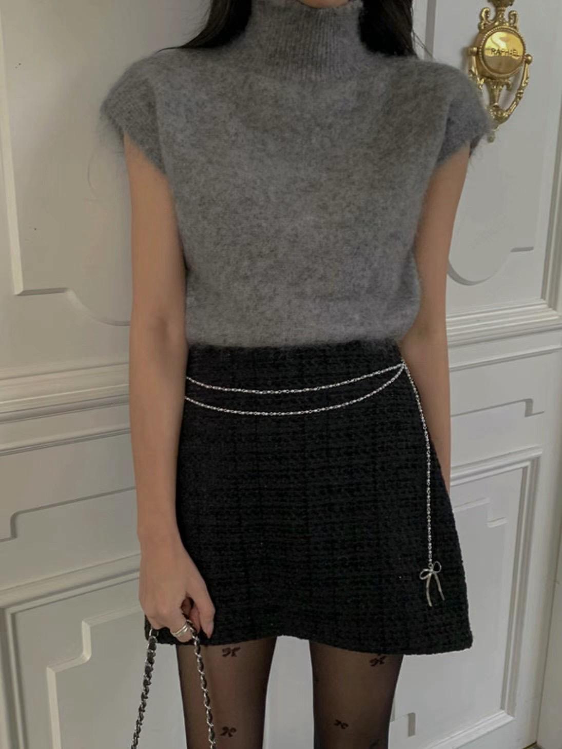 Beaded Chain Embellished Tweed Skirt *3 Colors