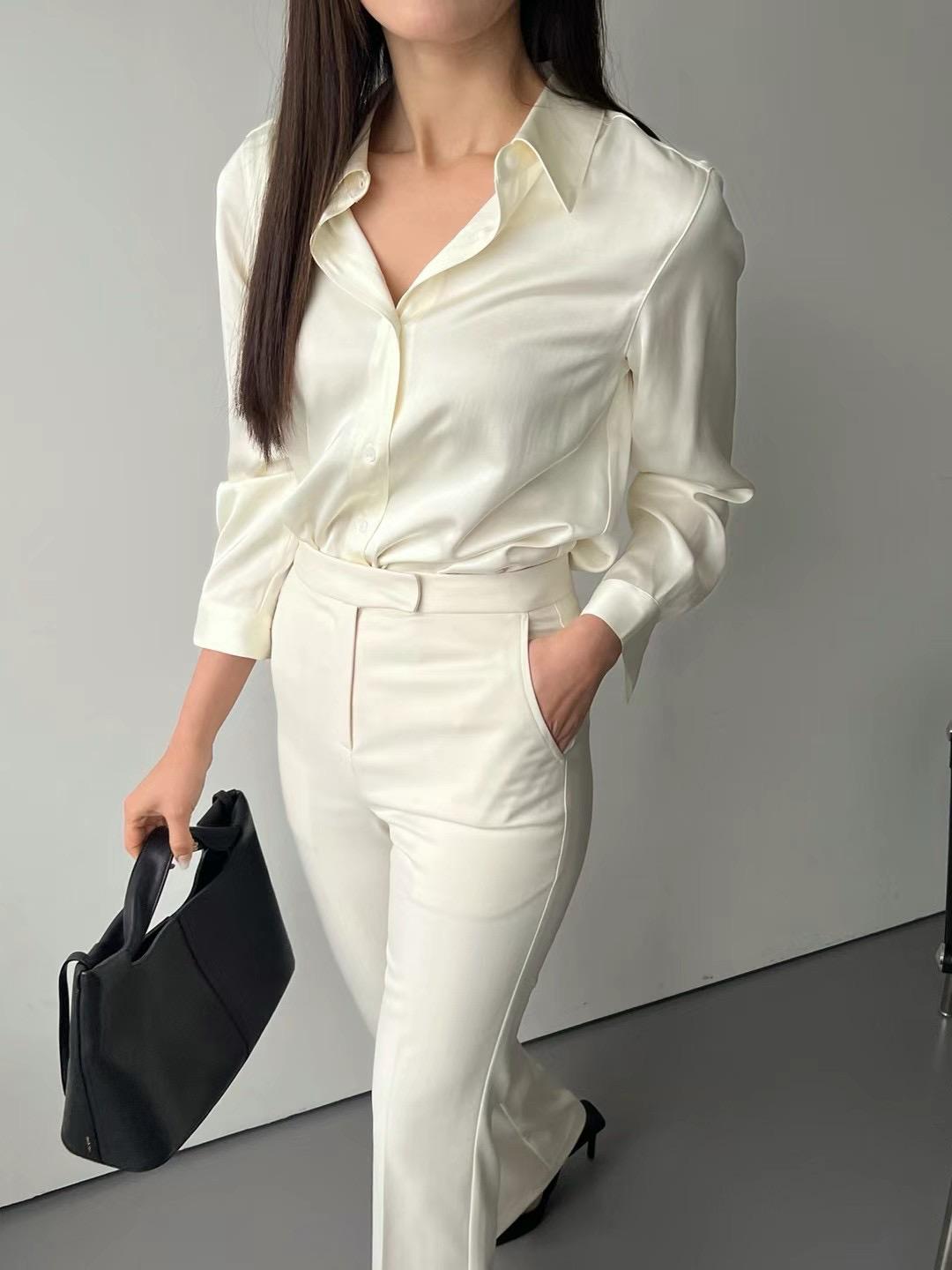 Button-up Collared Long Sleeved Satin Blouse *2 Colors