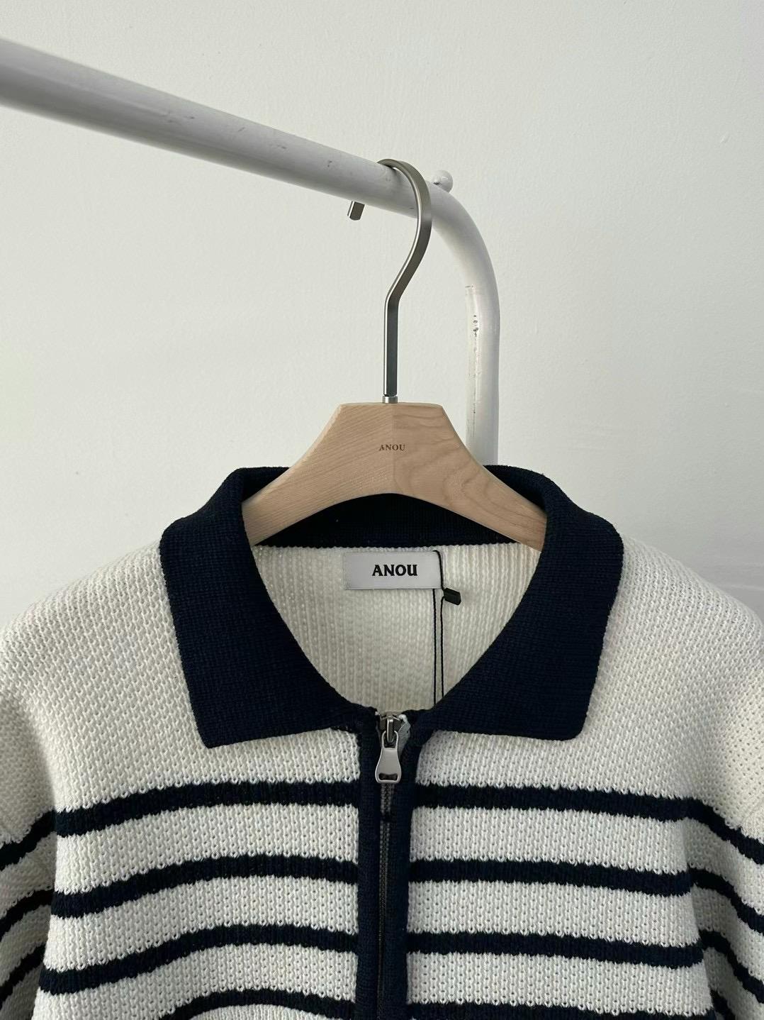 Zip-up Collared Striped Knitted Cotton Sweater *2 Colors