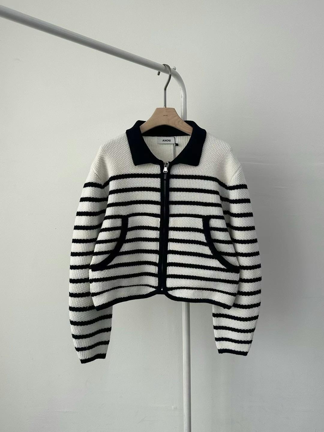 Zip-up Collared Striped Knitted Cotton Sweater *2 Colors