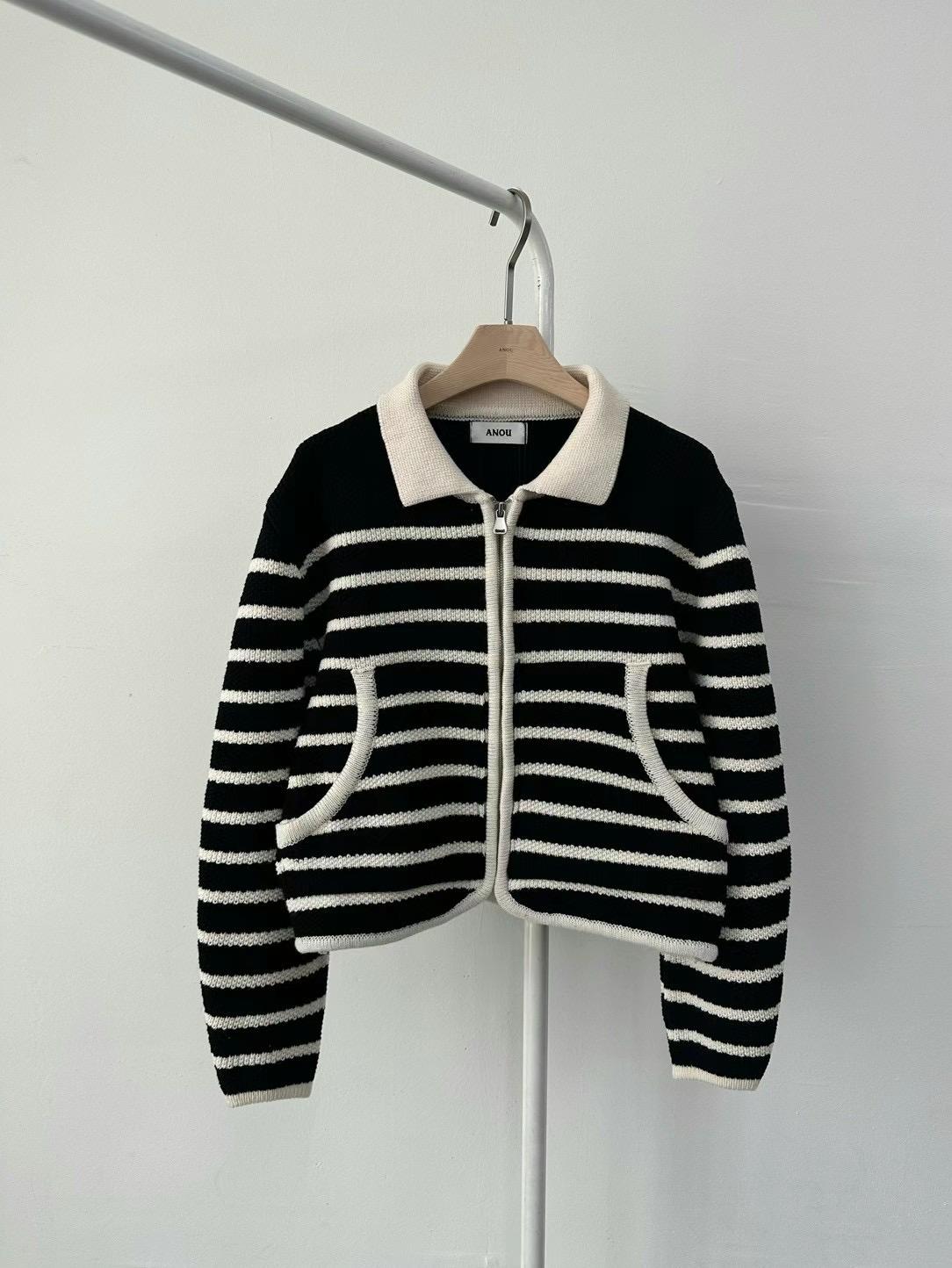 Zip-up Collared Striped Knitted Cotton Sweater *2 Colors