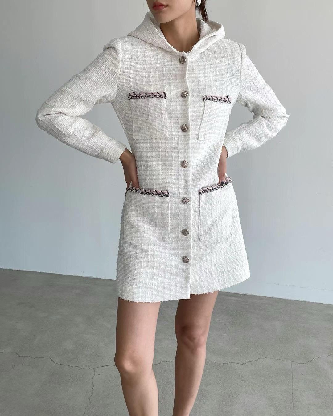 Button-up Hooded Tweed Short Dress *2 colors