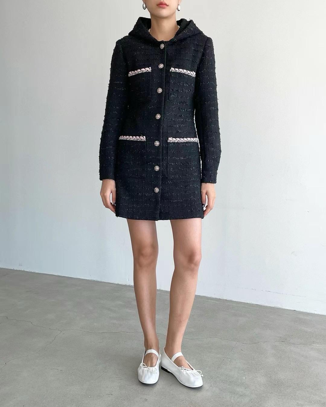 Button-up Hooded Tweed Short Dress *2 colors