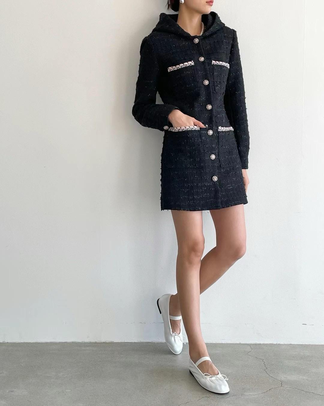 Button-up Hooded Tweed Short Dress *2 colors