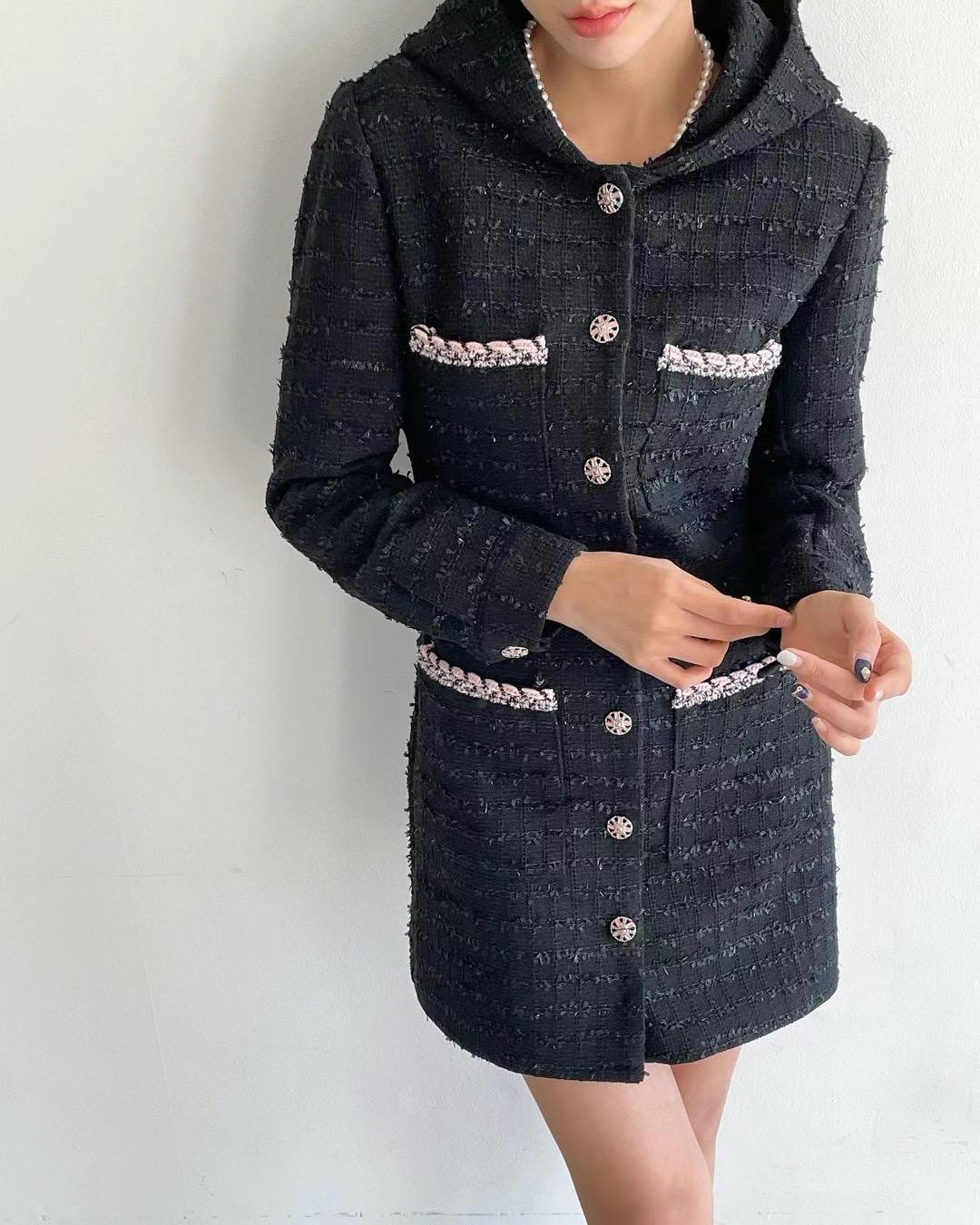 Button-up Hooded Tweed Short Dress *2 colors