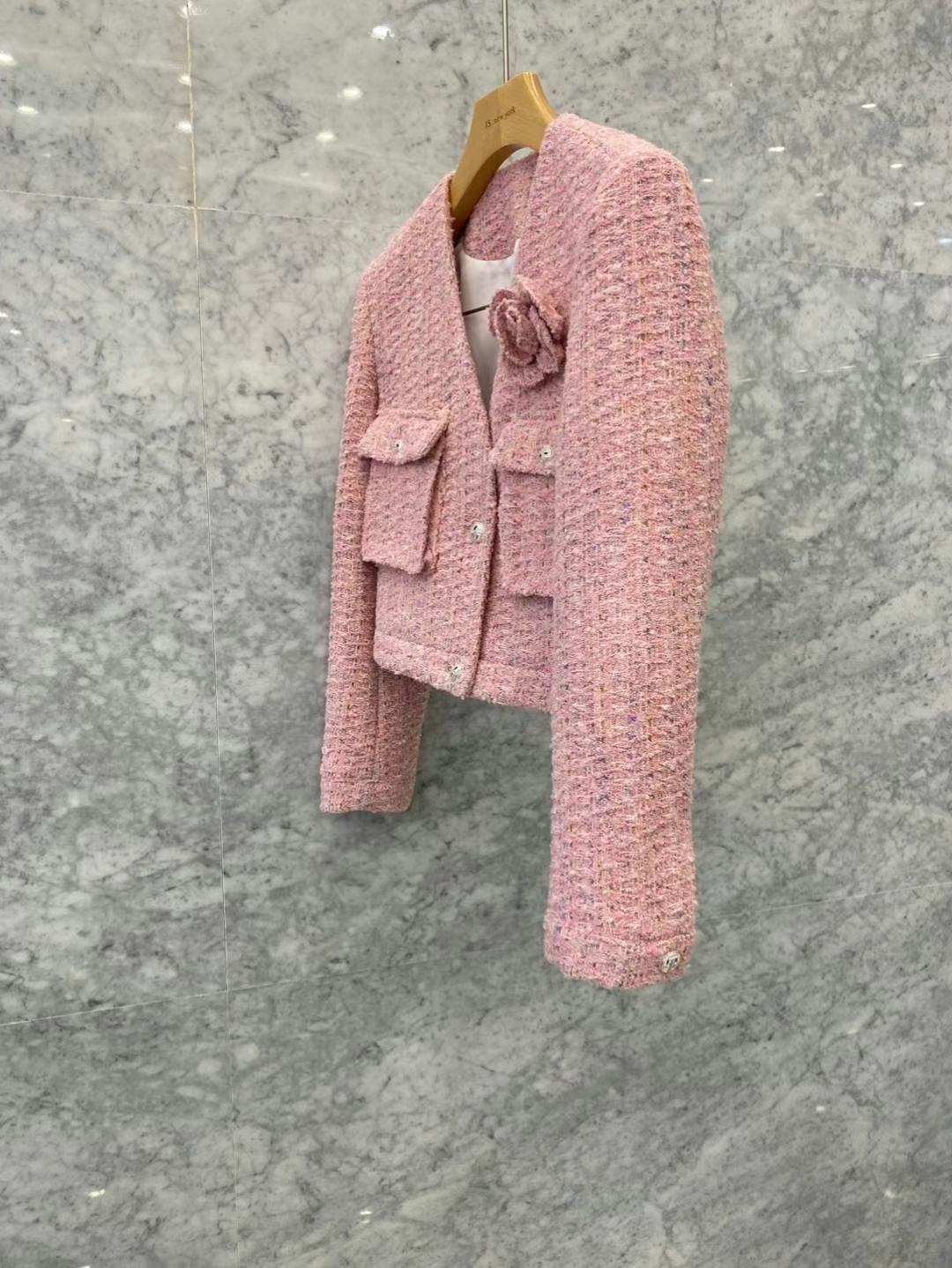 V-neck Patch Pockets Tweed Jacket